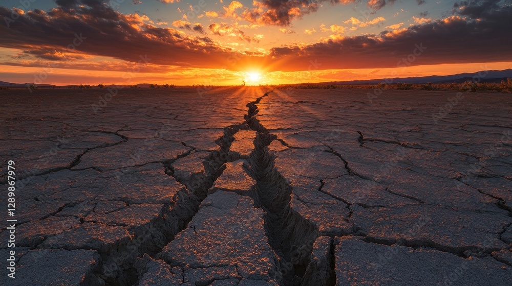 Poster the ground cracks open during an earthquake, creating deep fissures that reveal the force of nature,