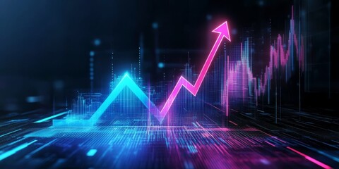 A visually striking and glowing graph featuring an upward arrow symbolizes significant growth and continuous progress within a captivating, futuristic digital ambiance that mesmerizes viewers