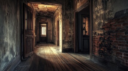 The haunting interior of an abandoned mansion with wooden floorboards, exposed brick walls, and dim lighting, where the mouldy walls show signs of neglect and decay.