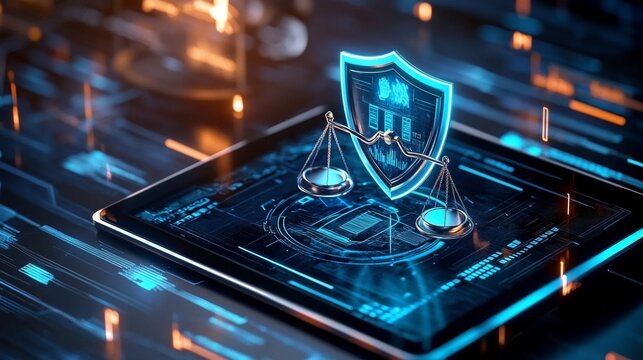 Digital justice revolution balancing law and technology online platform legal innovation futuristic environment close-up perspective cybersecurity concepts