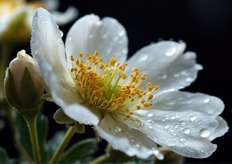 Fototapeta premium High Quality Macro White Jasmine Flower with Dew Drops. Delicate Purity. Perfect for fine art prints, high-end floral designs, delicate backgrounds for beauty or wellness content