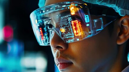 A medium closeup of a surgeon wearing augmented reality glasses displaying data feeds and imaging overlays highlighting how AIassisted technology augments their vision during complex - Powered by Adobe