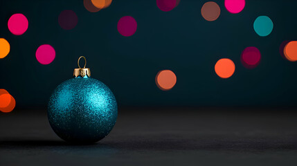 Fototapeta premium Teal Glitter Christmas Ornament with Bokeh Lights