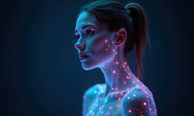 Naklejka premium Glowing Woman, Neon Body Art, Futuristic Portrait - Futuristic themes