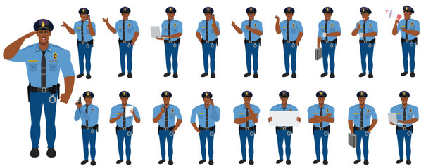 
Police Officer Character Design Model Sheet. Man, Character design. Front, side, back view and explainer animation poses. Character set with lip sync and Walk cycle animation sequences.
