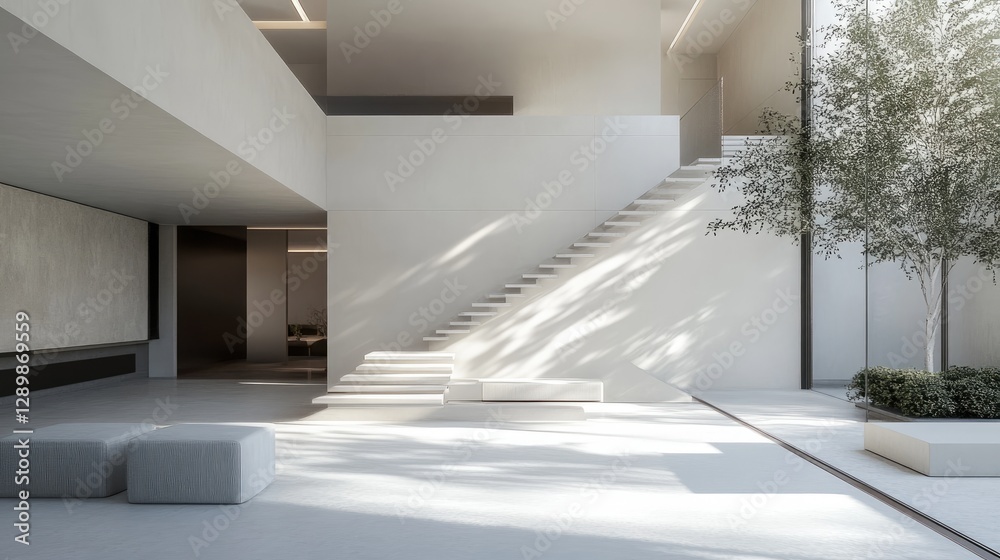 Poster the sophisticated entrance hall of a modern loft, featuring a sleek staircase and minimalist design 