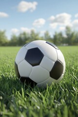 Fototapeta premium Soccer ball on grass lawn. Outdoor activity.