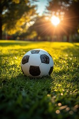 Obraz premium Soccer ball on grass lawn. Outdoor activity.