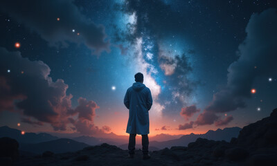 Obraz premium Man Silhouetted Against Milky Way Galaxy - Surrealism/Fantasy: The .