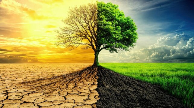 Dramatic landscape showing a lone tree representing environmental change growth and renewal through the contrast of seasons   from barren and dry to lush and vibrant