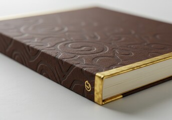 A minimalist leather-bound notebook with gold-foiled edges and an intricate, elegant pattern on the cover