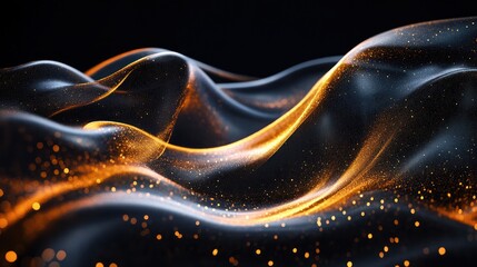 Golden particles flowing, dark background, abstract design