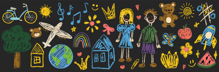 Kids chalk drawings big set. Collection freehand child baby hand drawn scribble elements: house, airplane, music notes, smile, flower, rocket, Earth. Vector illustration isolated on black background
