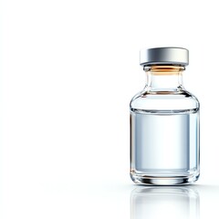 A clear glass vial filled with liquid, featuring a metallic screw cap, set against a minimalistic white background.