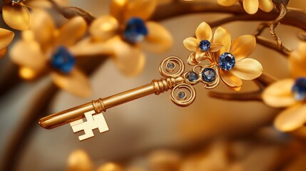 Unlocking nature's beauty a stunning golden key surrounded by blossoming flowers in a whimsical garden setting captured in close-up view symbolizing discovery and elegance