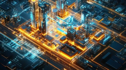 Aerial view of a futuristic cityscape illuminated with neon lights, showcasing advanced architecture and vibrant energy flow, set against a dark background, symbolizing innovation