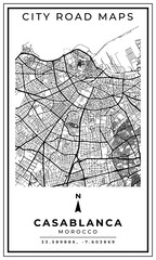 Obraz premium Black and white printable road map of Casablanca city Morocco banner poster design with coordinate position location, vector illustration