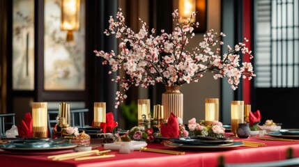 Elegant asian dining setup with cherry blossom centerpiece for a festive celebration indoor restaurant environment detailed table arrangement