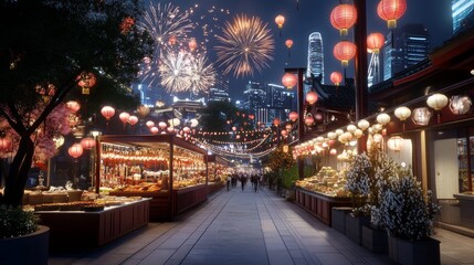 Obraz premium Festive night market celebration urban cityscape visual spectacle vibrant environment elevated perspective cultural experience