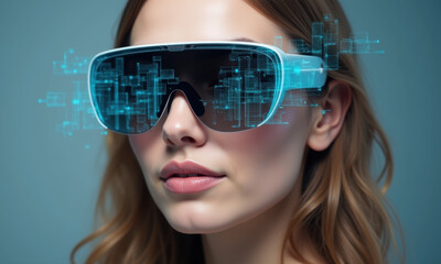 Naklejka premium Woman Wearing Futuristic AR Glasses - Metaverse