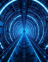A futuristic technology tunnel is emitting blue light