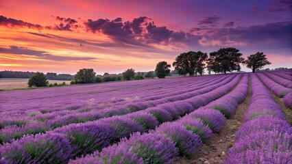 Fototapeta premium Breathtaking Lavender Fields at Sunset with Vibrant Sky and Rolling Hills