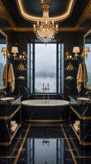 Fototapeta premium High end bathroom interior with black marble golden highlights crystal chandelier and a modern jacuzzi offering ultimate relaxation interior design inspiration