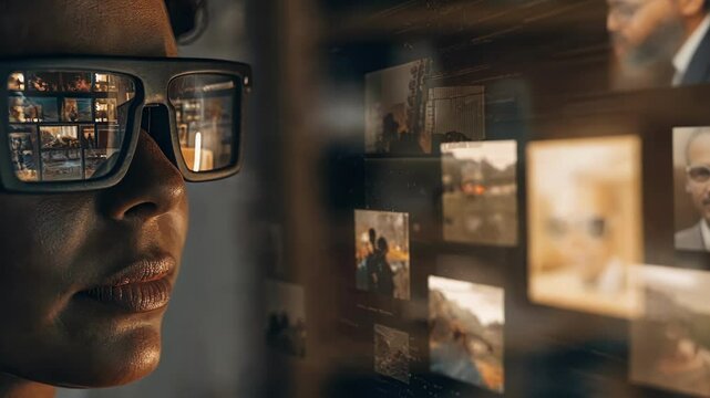 A medium closeup of a user wearing augmented reality glasses immersed in a holographic workspace filled with virtual sticky notes and multimedia resources.