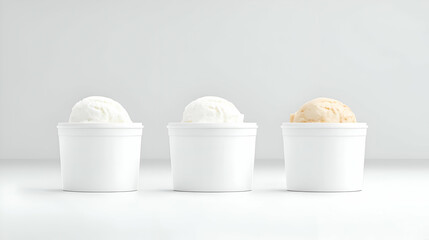 Three Scoops of Ice Cream in White Cups on White Background