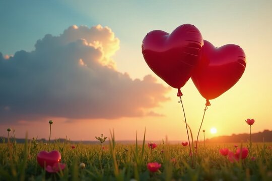 Heart-shaped balloons in a meadow at sunset, symbolizing love and affection, happiness, red, romance