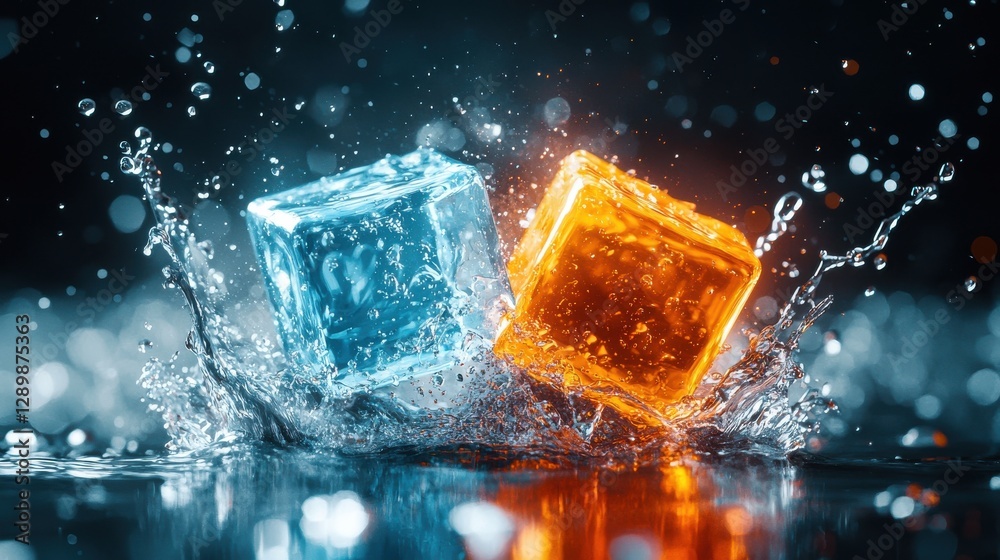 Poster dramatic collision between an icy cube and a fiery cube creating a stunning splash and contrast of e