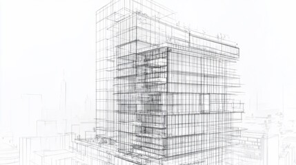 Naklejka premium Architectural drawing of a modern high-rise building with surrounding city skyline, rendering wireframe
