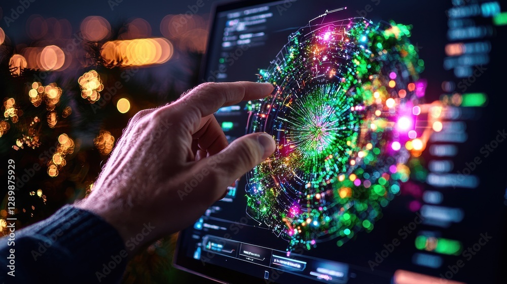 Poster close up of a human hand reaching towards and interacting with a futuristic digital interface displa
