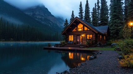 Log Cabin Lakeside at Dusk