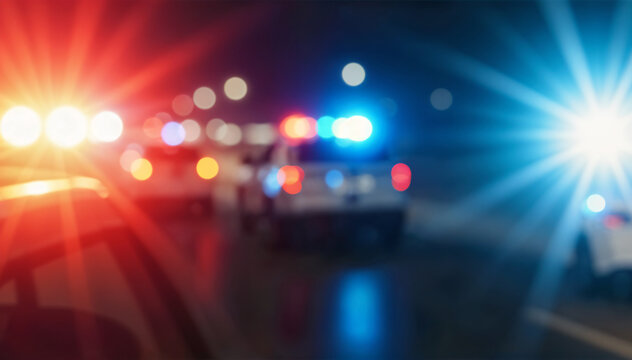 Atmospheric image capturing blurred police lights at a crime scene with red and blue colors