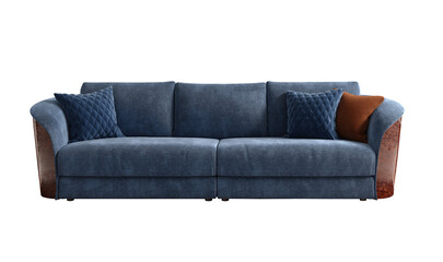 Blue sofa and pillows isolated PNG. 3d rendering