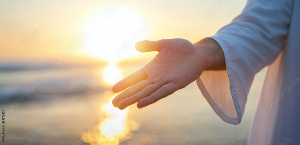 Sticker Close-up of Jesus' hand reaching out to the viewer, white sleeve with a blurred background of sky and beach, white light shining from behind his arm Generative AI