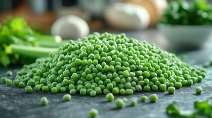 A Close-Up Shot of Fresh Green Peas, Ready to be Cooked.  A Pile of Peas Glistening in the Light.