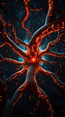 Obraz premium Detailed depiction of a glowing neural structure with branching dendrites, illuminated soma, and a dark blue background, representing neural activity and biological precision