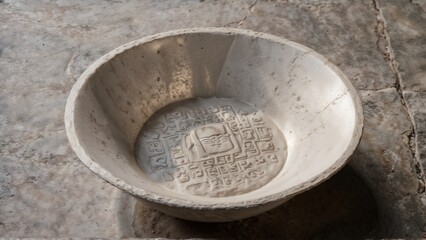 Fototapeta premium Old stone bowl with carved patterns, placed on a textured surface for artistic display.