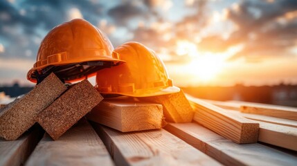 Construction industry tools materials and safety equipment like hardhats on a timber and lumber worksite at sunrise or sunset  The image represents the progress development