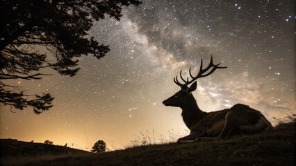 Majestic deer silhouette under starry night sky with milky way