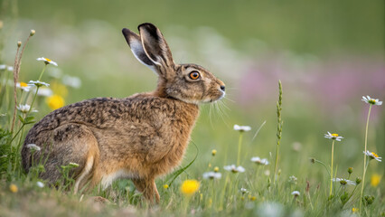 Fototapeta premium brown hare sitting among wildflowers in vibrant meadow