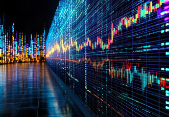 A vibrant digital display of stock market data, showcasing fluctuating graphs and colorful patterns indicating market trends.