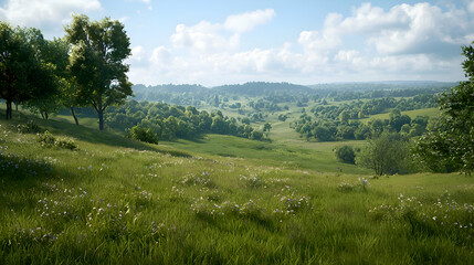 Obraz premium Sunny Day Landscape of Rolling Green Hills and Lush Meadow