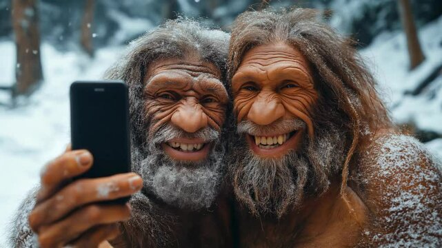 Two Neanderthals Sapiens very excited taking a selfie in the snow