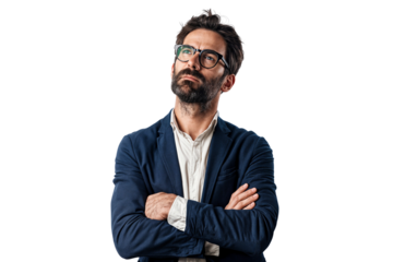 Portrait of a man thinking and looking up, isolated on transparent background