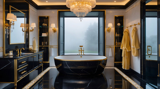 Sophisticated luxury bathroom with black marble walls gold accents crystal chandelier and jacuzzi tub for an indulgent and serene retreat interior design inspiration