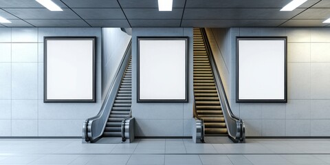 escalators and three blank posters on the wall, providing ample space for marketing or informational displays