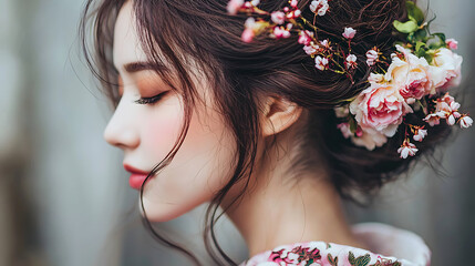 Naklejka premium A woman with a flowery headdress and pink lips